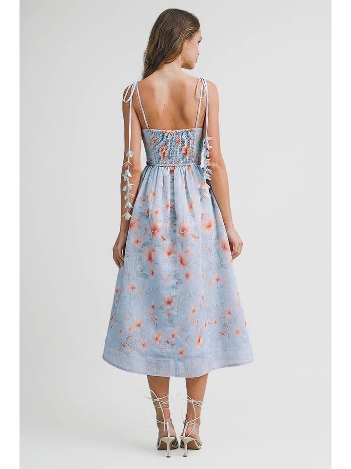Floral Lace Up Midi Dress - Light Blue