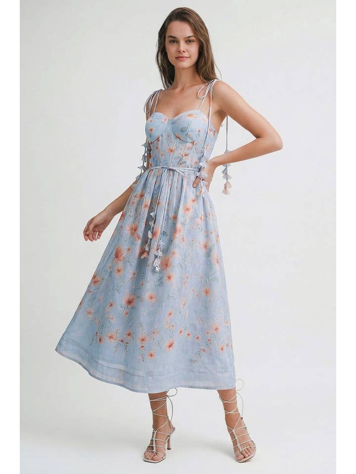 Floral Lace Up Midi Dress - Light Blue