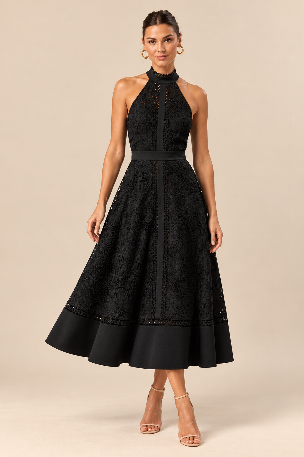 ATTICO Midnight Halter Lace Midi Dress Black luxury editorial warm beige studio