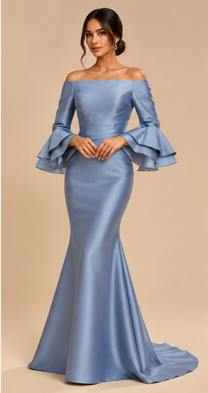 ATTICO off shoulder bell blue luxury editorial