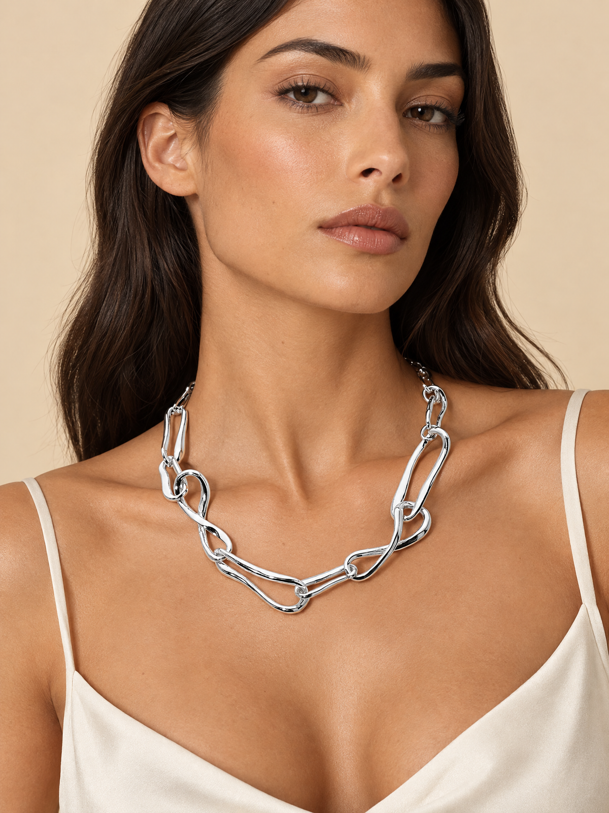 ATTICO Sculptural Link Statement Necklace rhodium editorial model portrait