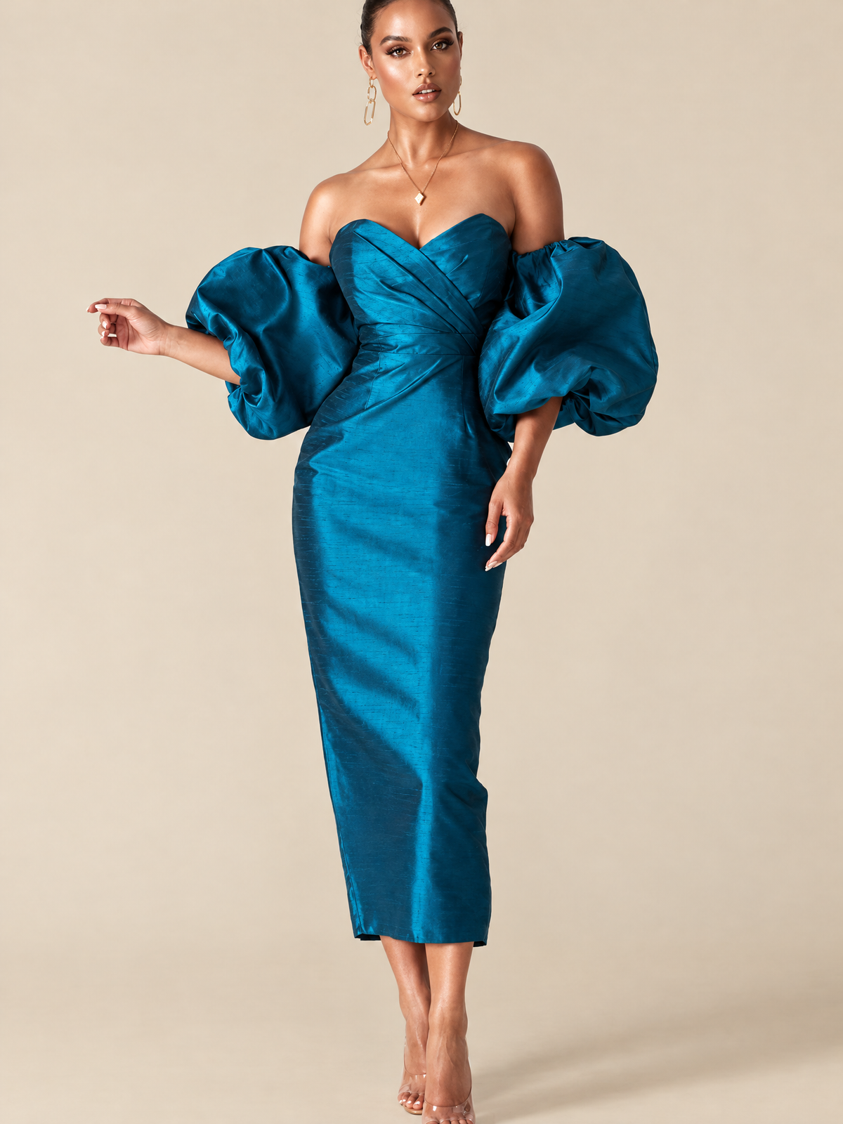 ATTICO Royal Blue Tiffany Maxi Dress model with warm beige background