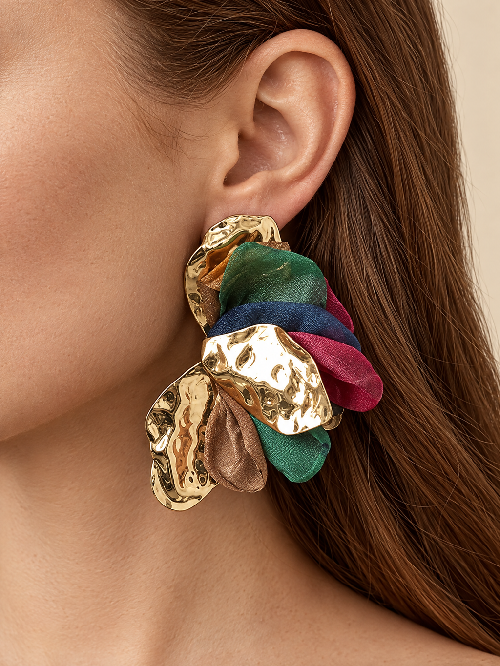 ATTICO jewelry detail — Sculpted Floral Petal Earrings, Dark Multi / Gold