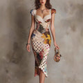 Vintage Print Slim Fit Dress Women Waist Cinching