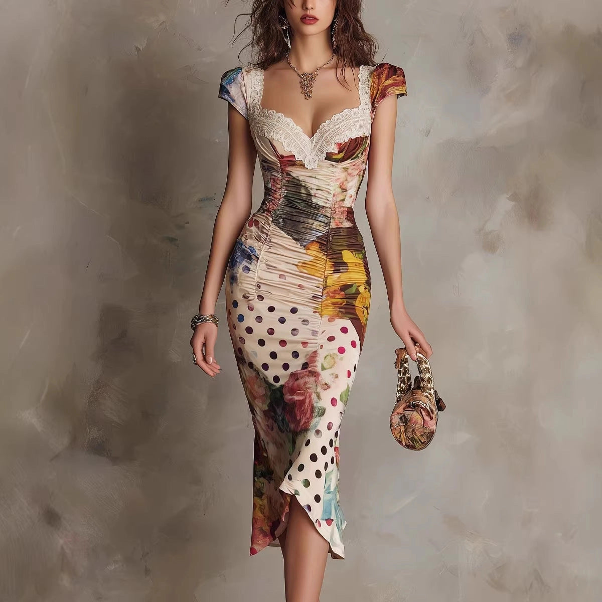 Vintage Print Slim Fit Dress Women Waist Cinching