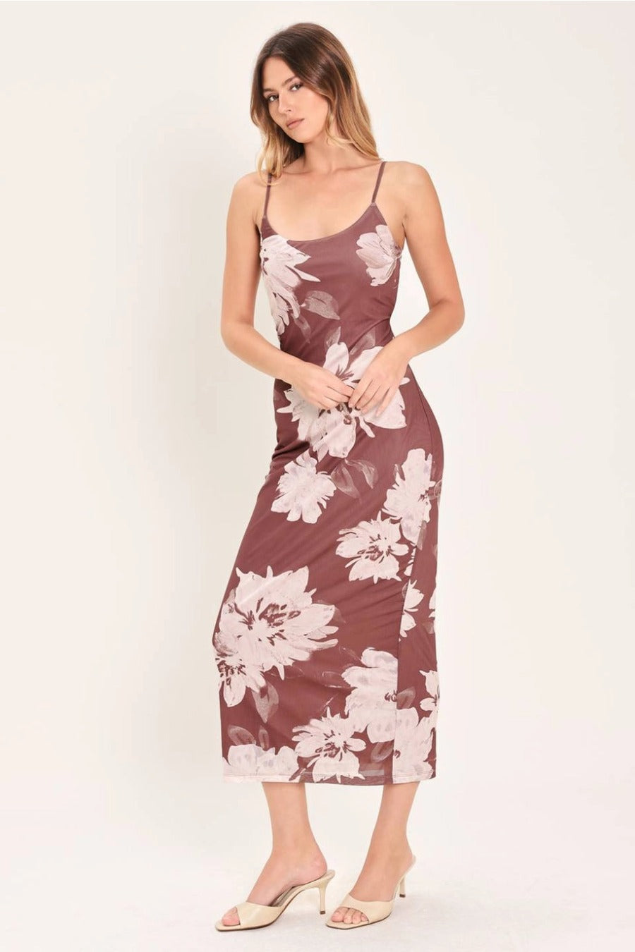A Printed Power Mesh Midi Dress