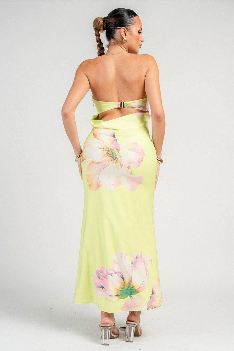 Strapless Big Floral Print Back Midi Dress