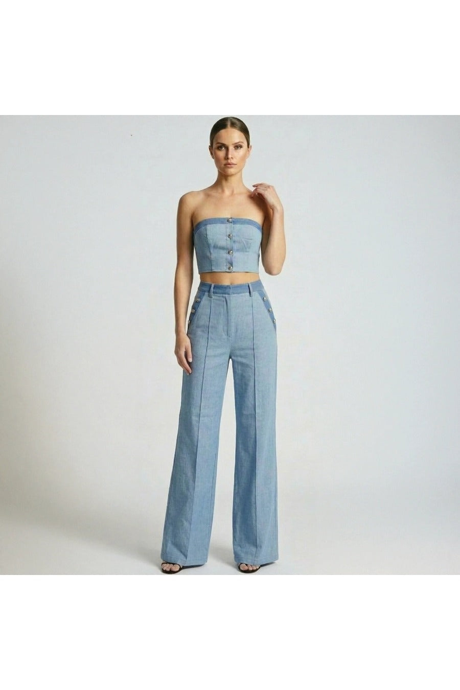 Denim Tube Top and Wide Leg Pants Set