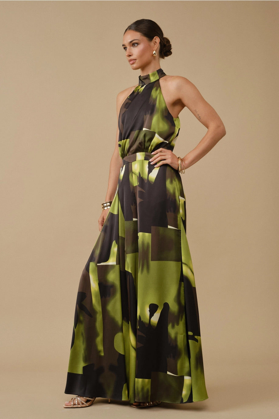 Abstract Print Halter Wide Leg Jumpsuit - Green Multi