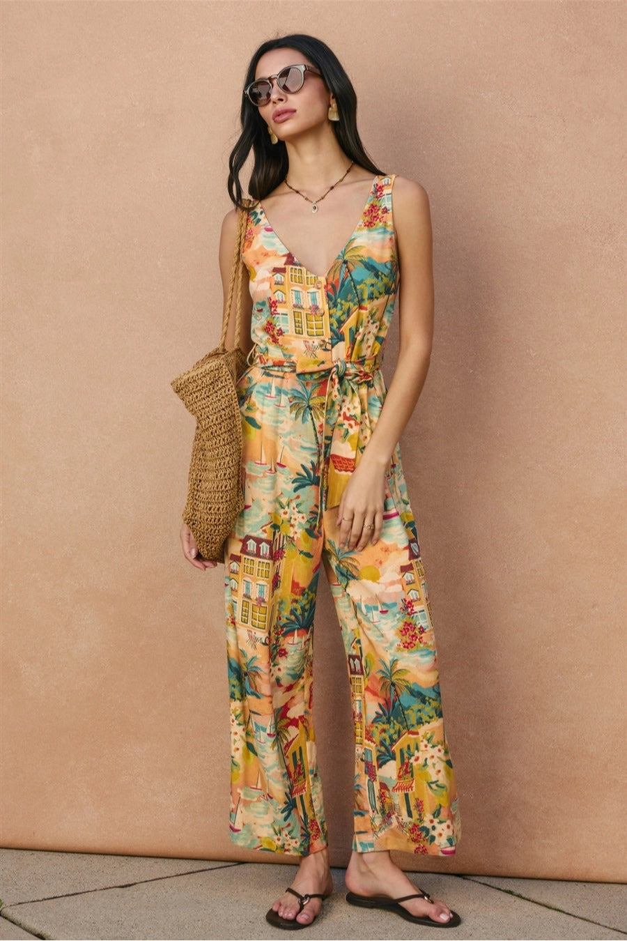 Conversational Button Down Sash Belt Jumpsuit