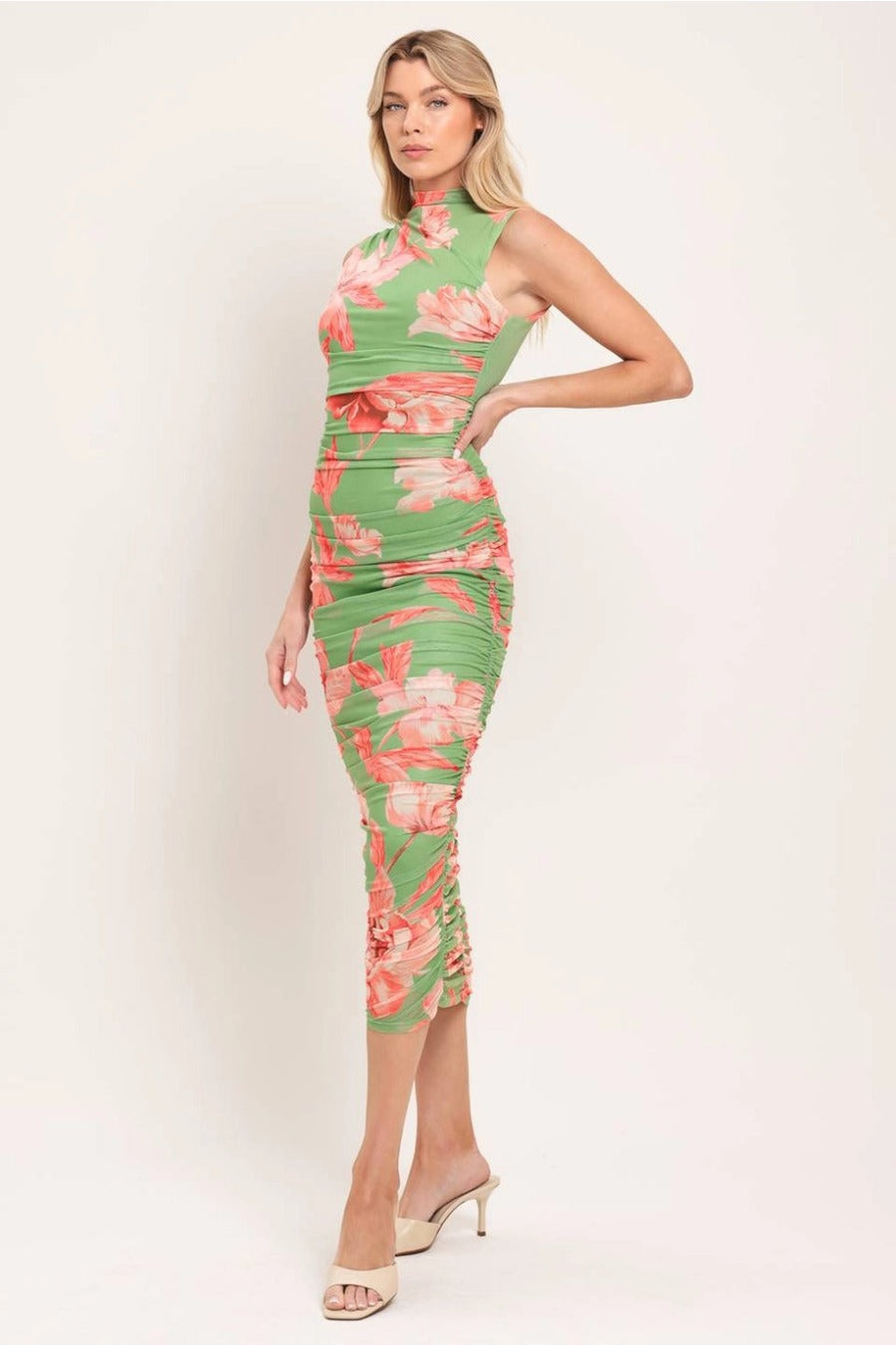 A Printed Power Mesh Midi Dress