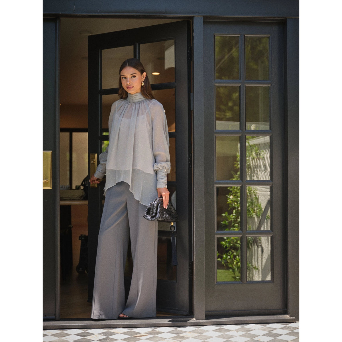 Pearl Embellished Sheer High Neck Blouse - Misty Blue / Silver Stone