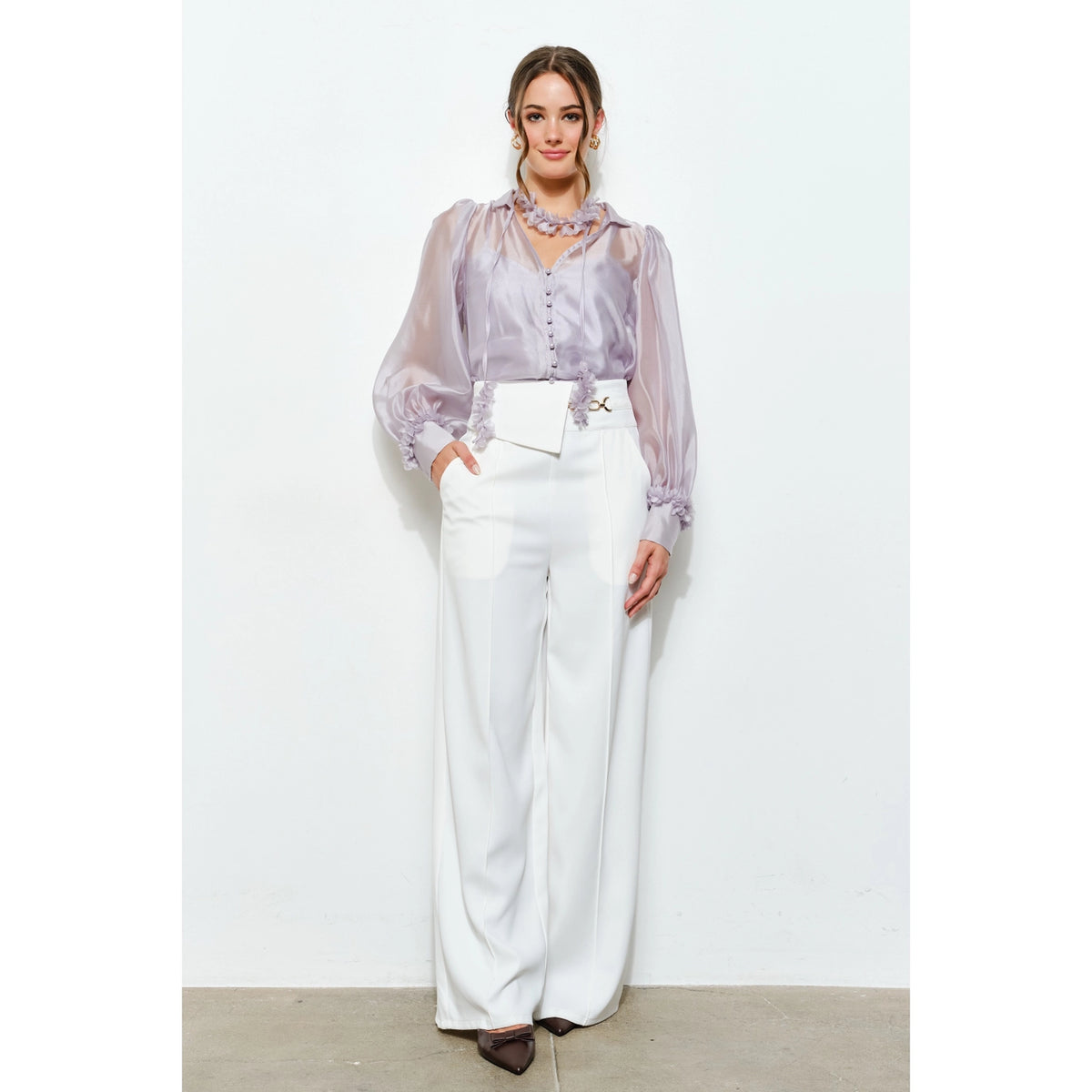 Sheer Floral Tie Neck Puff Sleeve Blouse - Ash