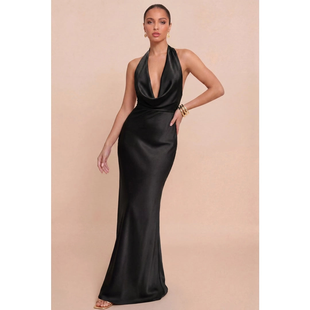 Solid Satin Halter Maxi Dress - Black
