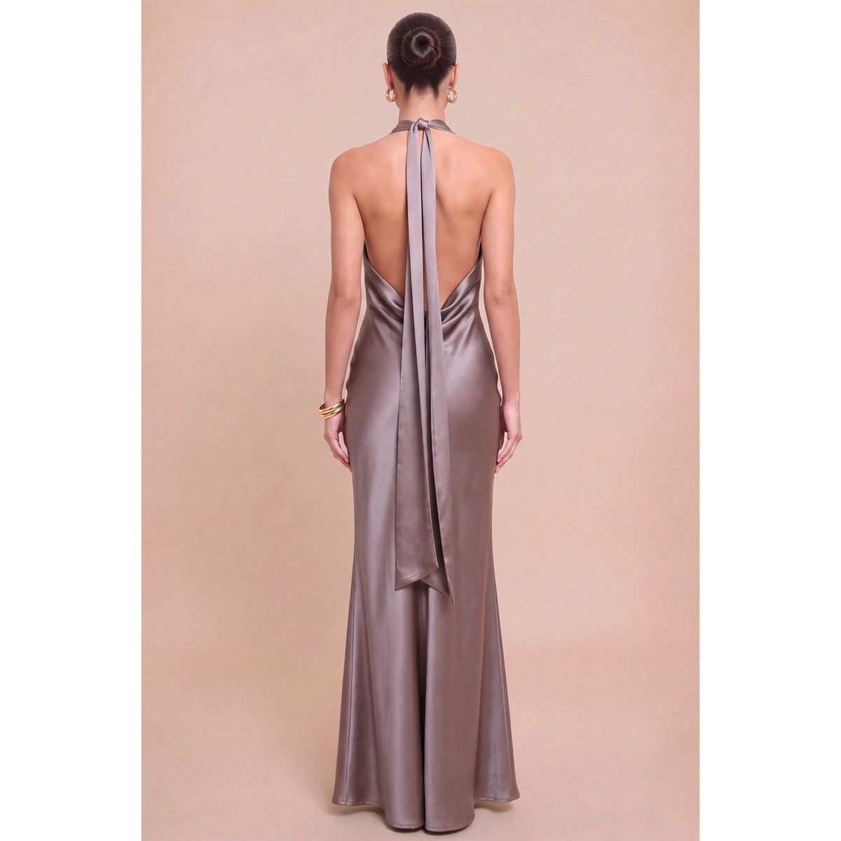 Solid Satin Halter Maxi Dress - Pewter
