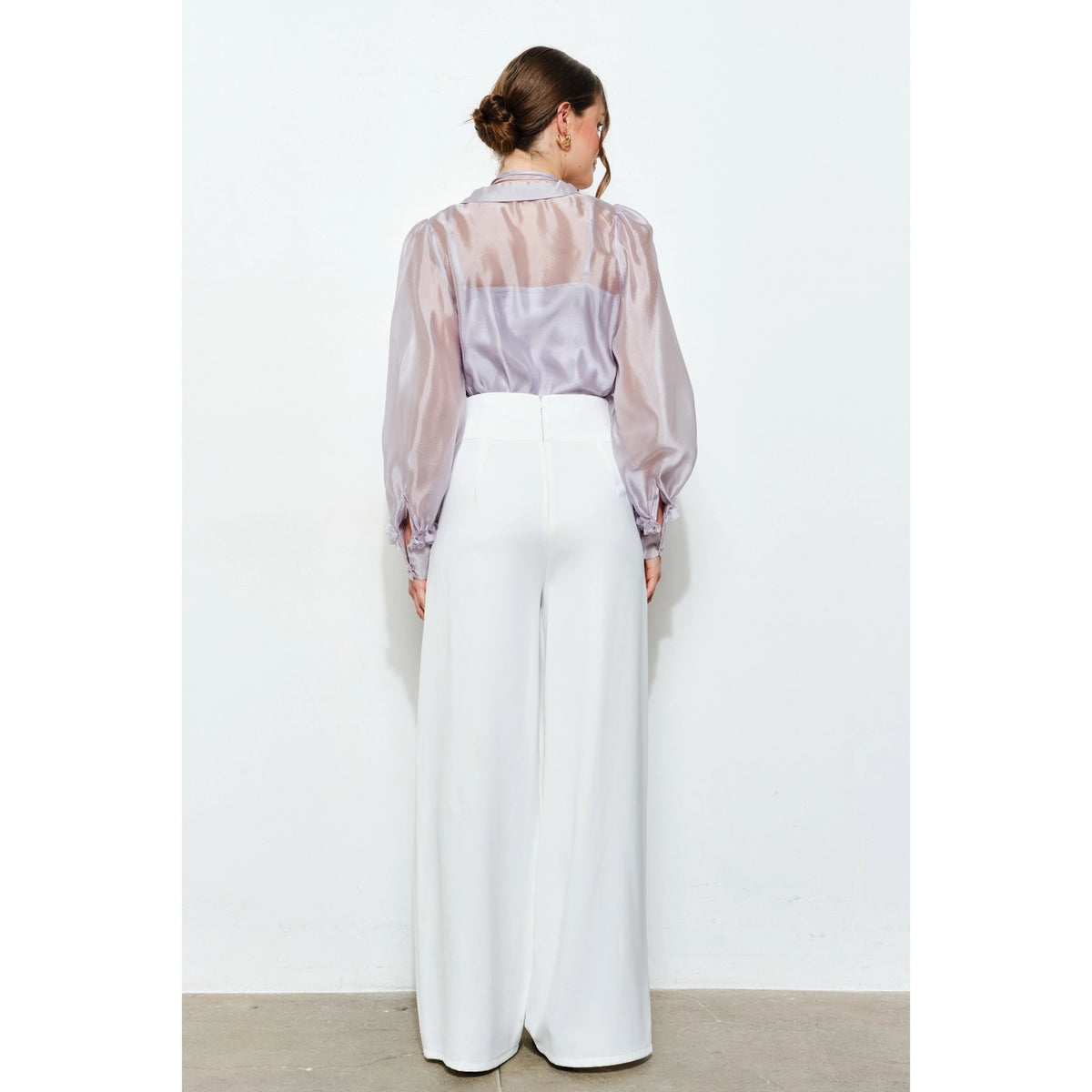 Sheer Floral Tie Neck Puff Sleeve Blouse - Ash