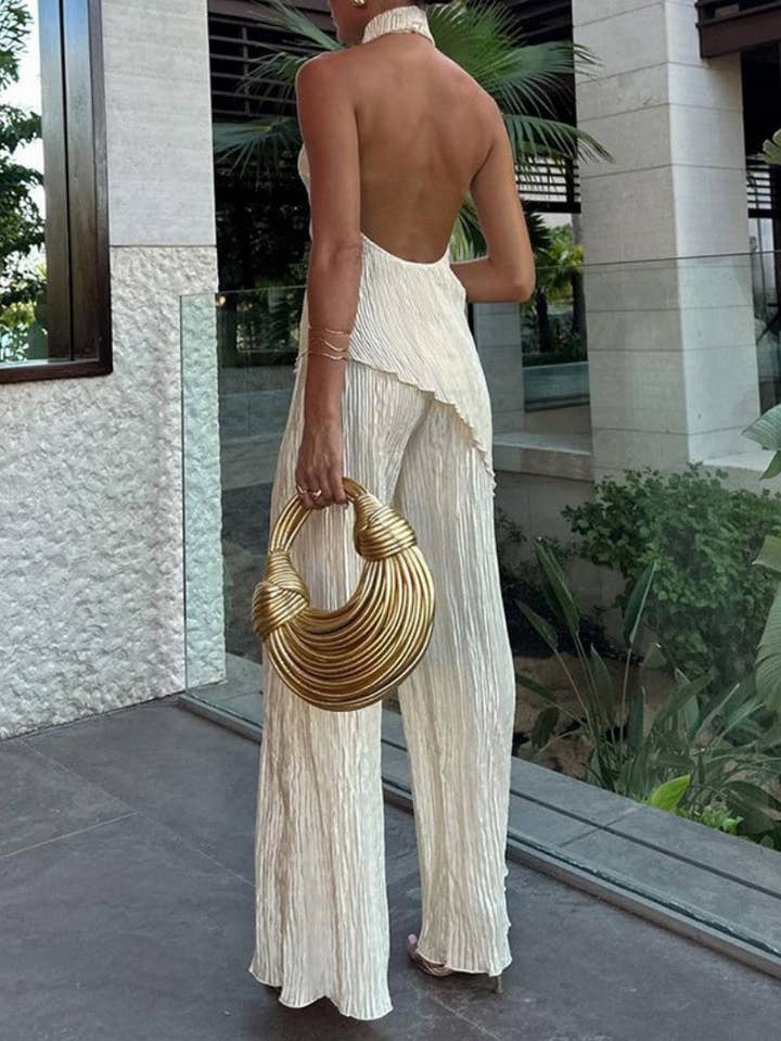 Pleated halter top and wide leg pants set - Beige - View 2