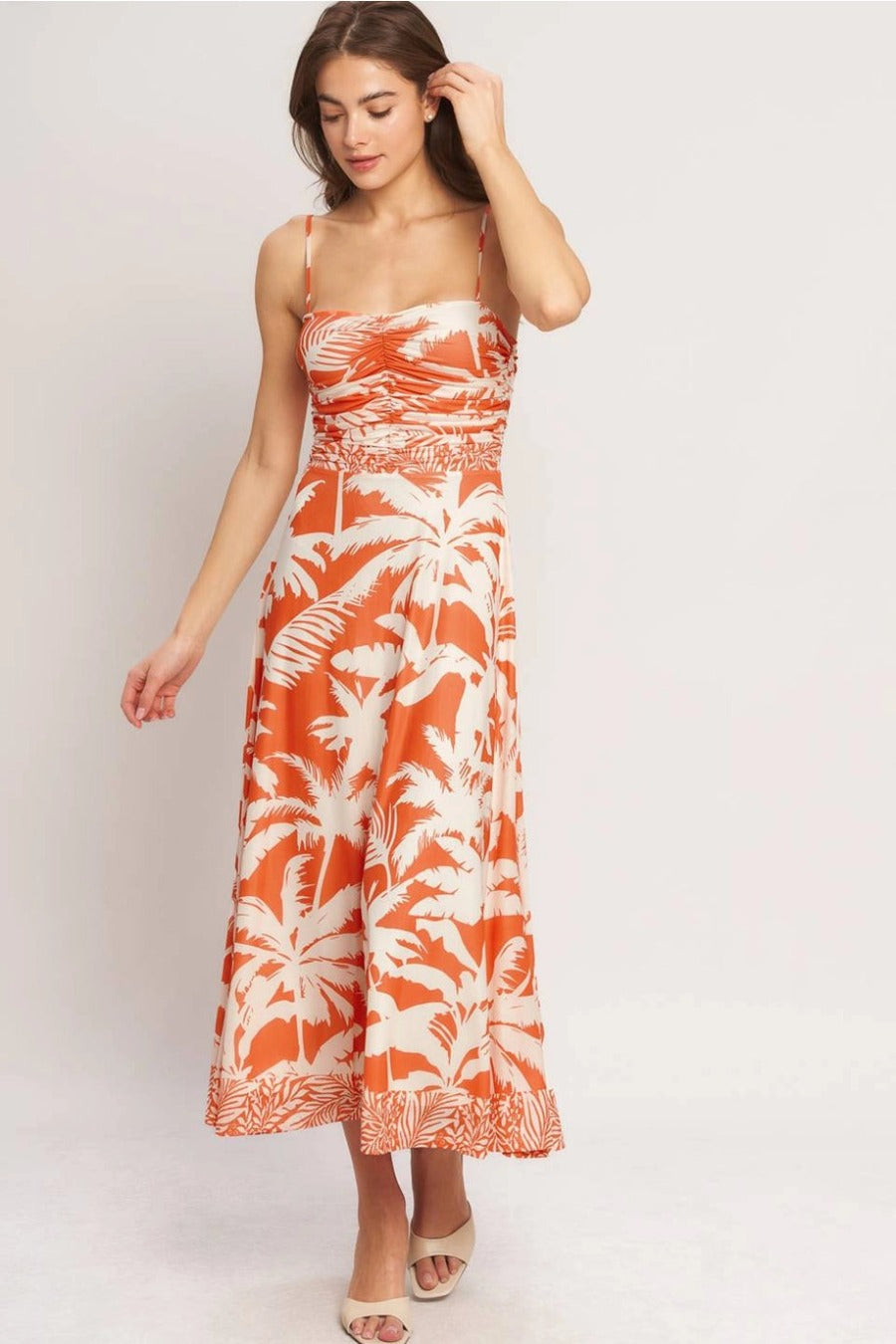 A Printed Power Mesh Midi Dress