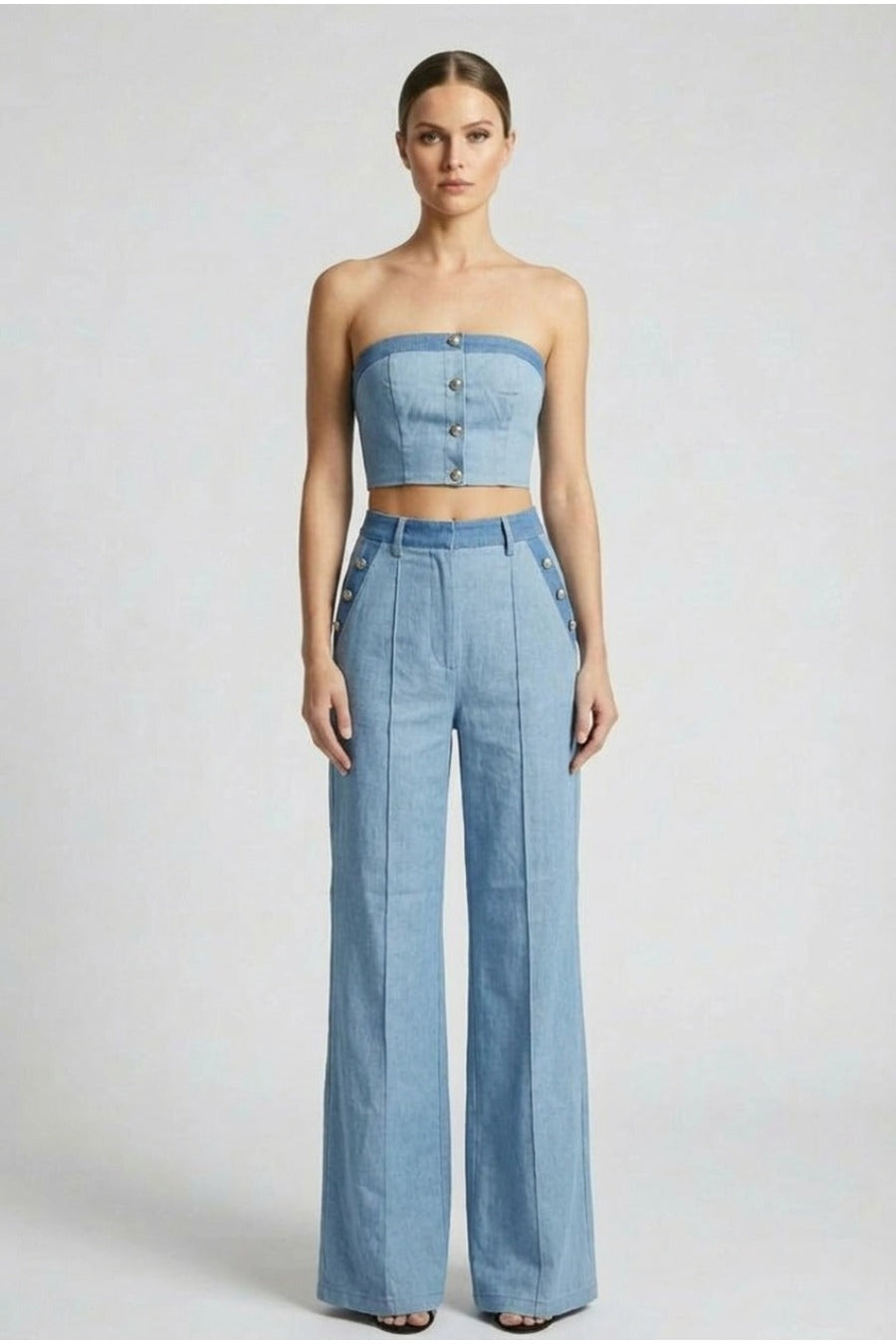 Denim Tube Top and Wide Leg Pants Set