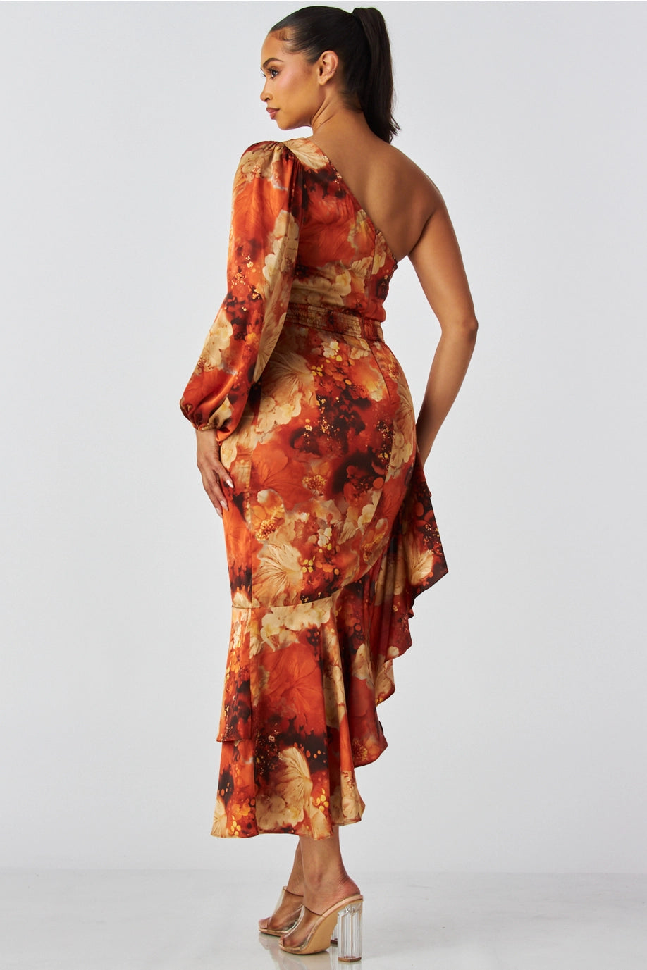 One Shoulder Printed Midi Dress