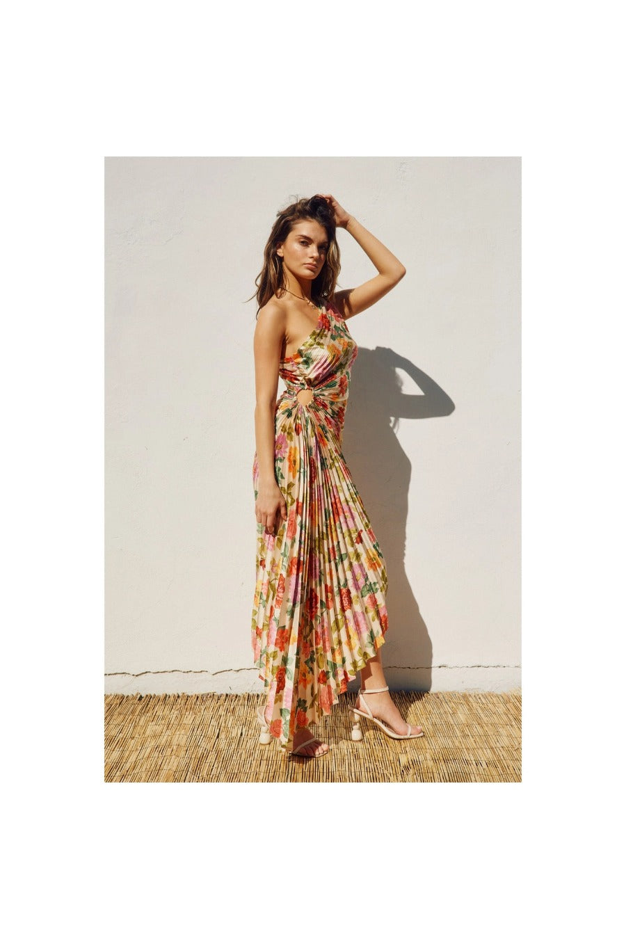 Floral One Shoulder Asymmetrical Pleated Dress
