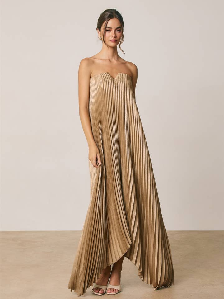 Strapless pleated shimmer maxi dress - Golden Sand - View 1