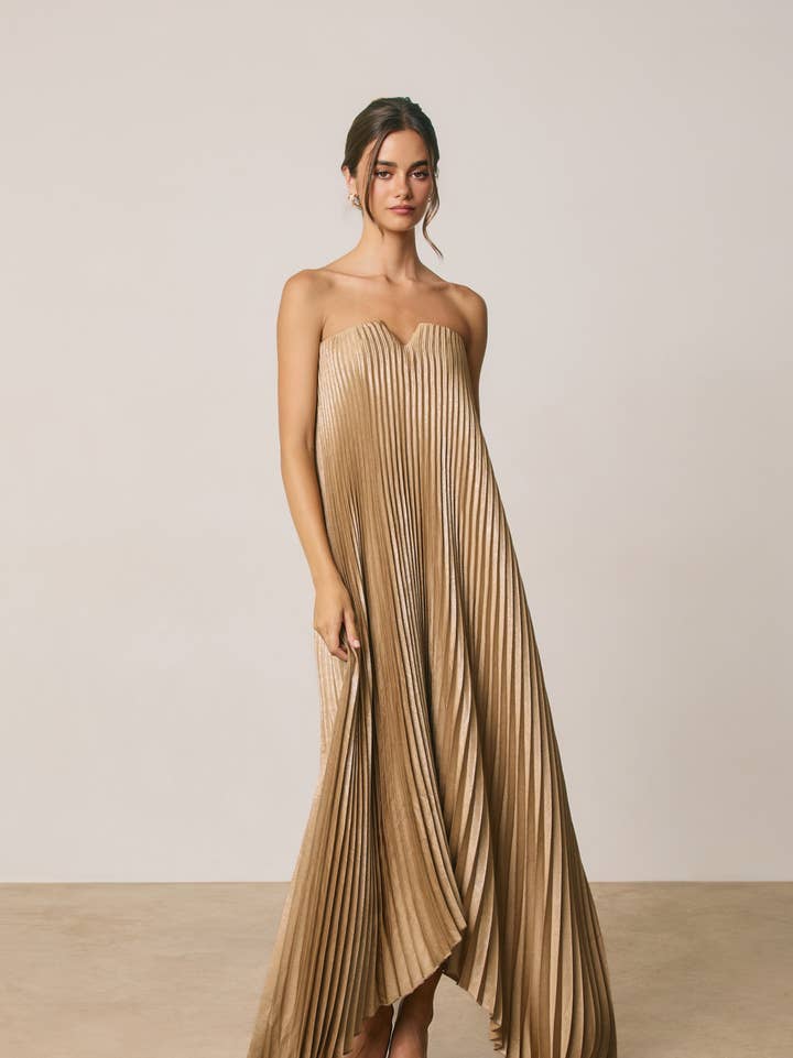 Strapless pleated shimmer maxi dress - Golden Sand - View 2