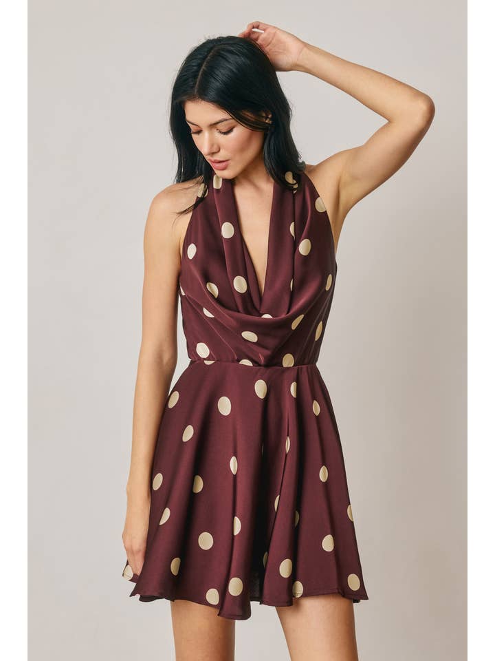 Polka dot satin cowl halter mini dress - Plum Cream - View 1