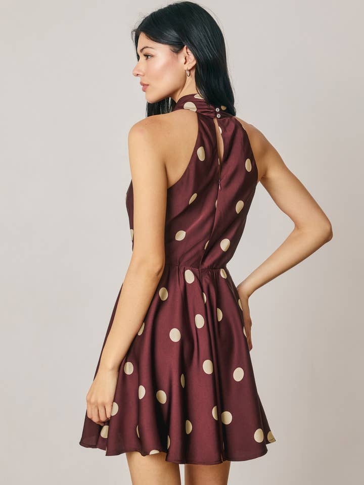 Polka dot satin cowl halter mini dress - Plum Cream - View 2