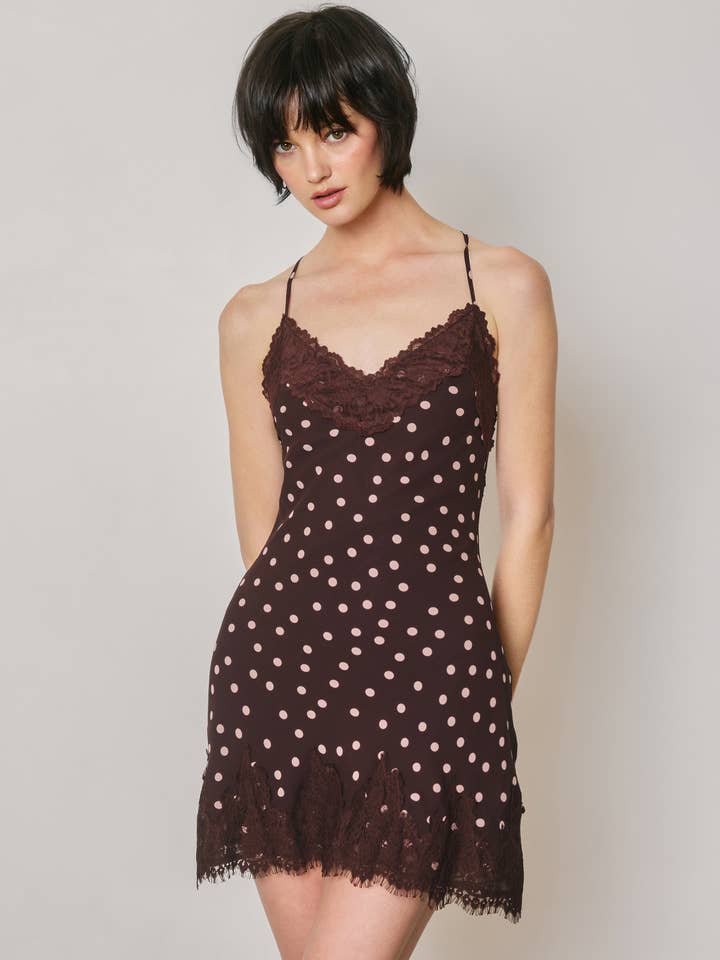 Polka dot lace trim satin mini slip dress - Plum - View 1