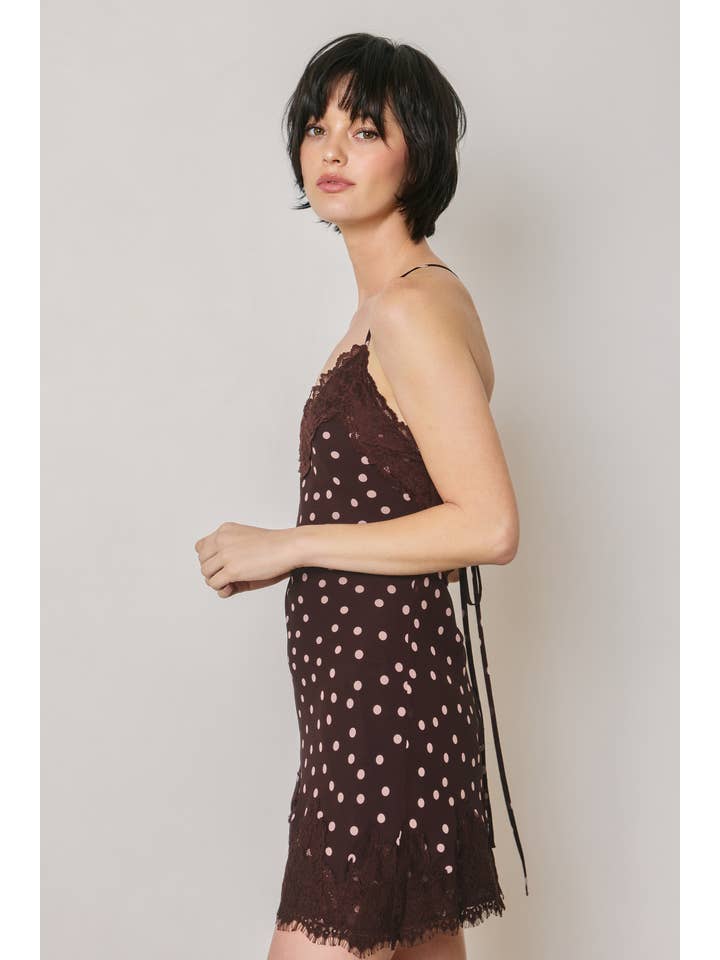 Polka dot lace trim satin mini slip dress - Plum - View 2