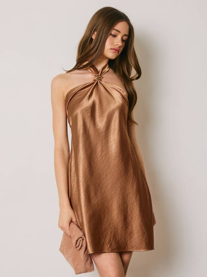 Satin gold ring halter mini dress - Golden Latte - View 1