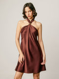 Satin gold ring halter mini dress - Rum Raisin - View 1