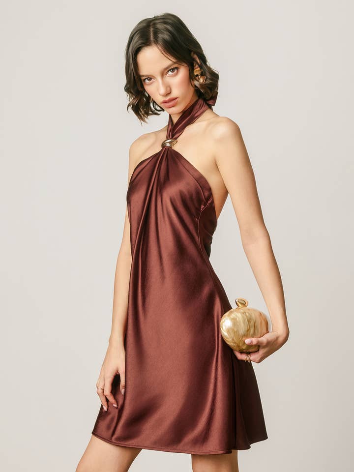 Satin gold ring halter mini dress - Rum Raisin - View 2