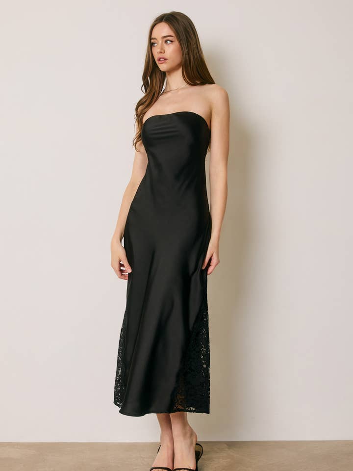 Strapless satin midi dress with lace hem - Black - View 1