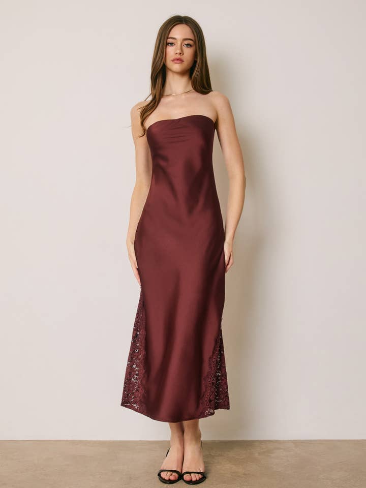 Strapless satin midi dress with lace hem - Burgundy - View 1