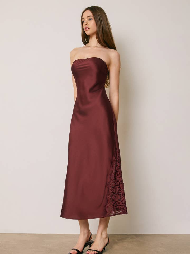 Strapless satin midi dress with lace hem - Burgundy - View 2