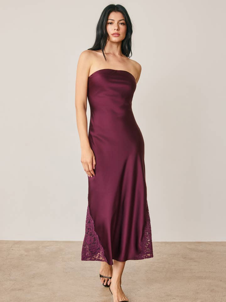Strapless satin midi dress with lace hem - Deep Plum - View 1