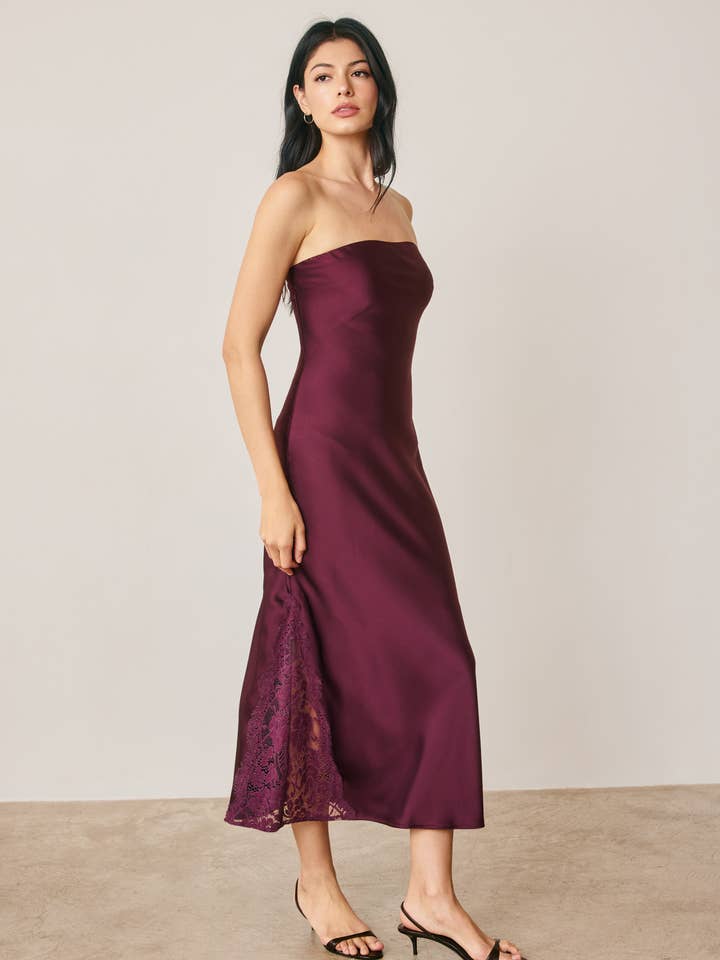Strapless satin midi dress with lace hem - Deep Plum - View 2