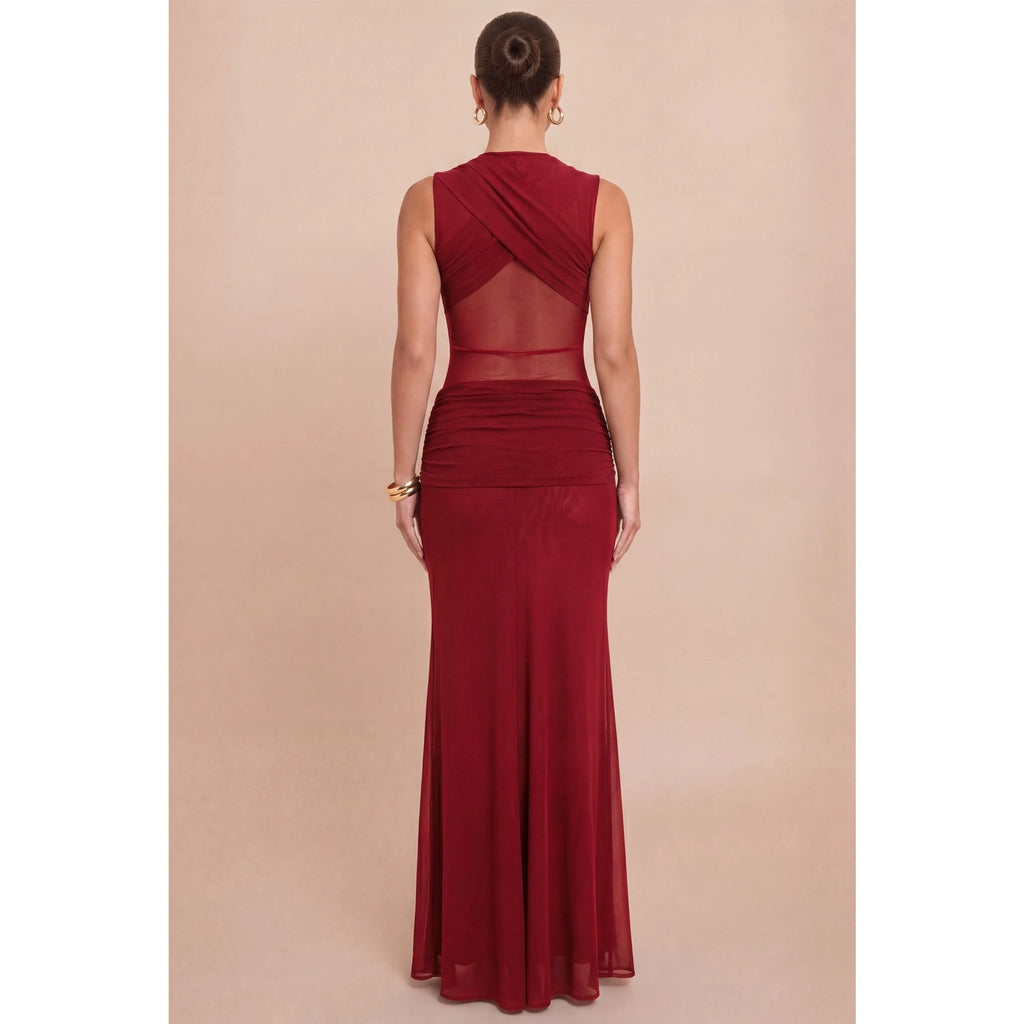 Mesh Knotted Maxi Dress - Wine