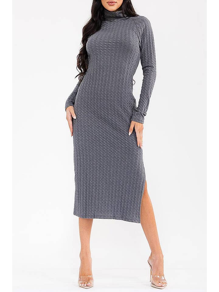 Long sleeve mock neck ribbed midi dress with side slit - Charcoal - View 2