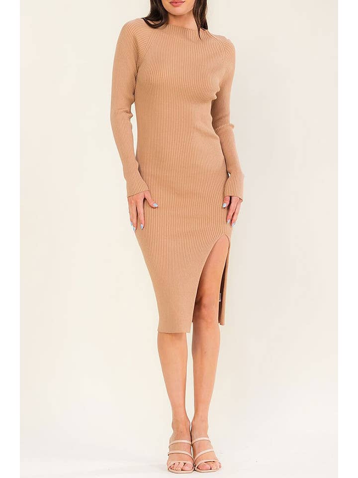 Long Sleeve Front Slit Ribbed Midi Dress - Mocha - View 2