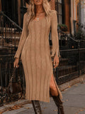 Long sleeve ribbed knit bodycon maxi dress with side slit - Khaki - View 1