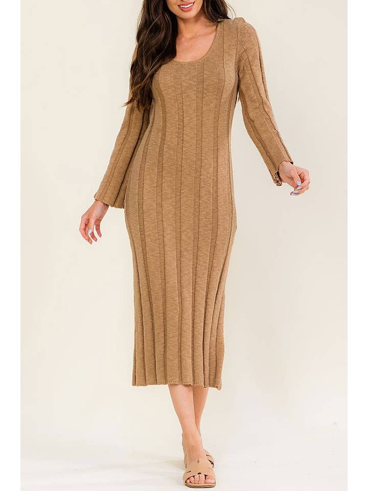 Long sleeve ribbed knit bodycon maxi dress with side slit - Khaki - View 2