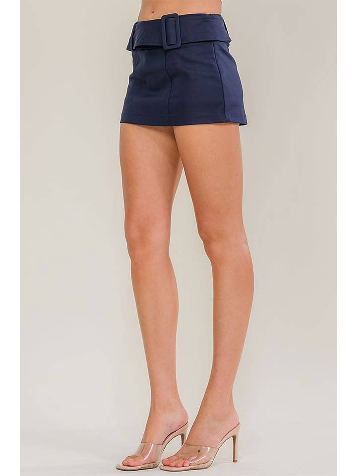 Belted stretch mini skort - Navy - View 2