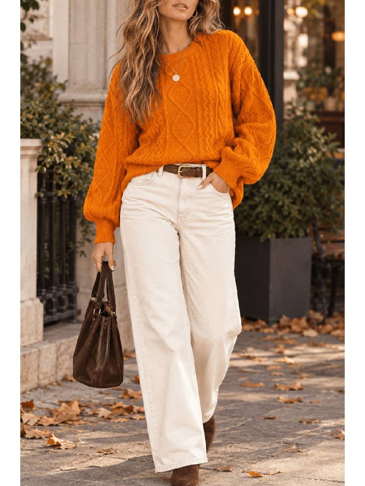Long sleeve cable knit sweater - Caramel - View 1