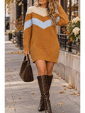 Long Sleeve Color Block Knit Mini Dress - Camel - View 1