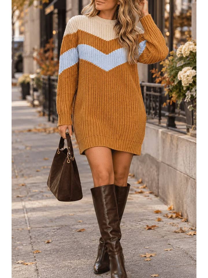 Long Sleeve Color Block Knit Mini Dress - Camel - View 1