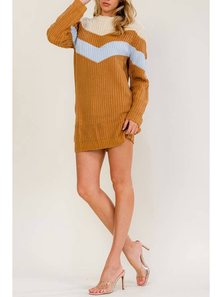 Long Sleeve Color Block Knit Mini Dress - Camel - View 2