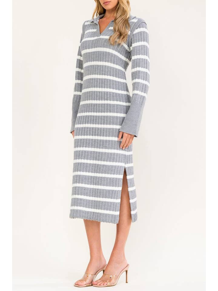 V-Neck Striped Color Block Knit Midi Dress - Grey - View 2